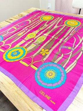 Celine Vintage Hot Pink Horse Briddle Purple Trim Bright Colorful Silk Scarf